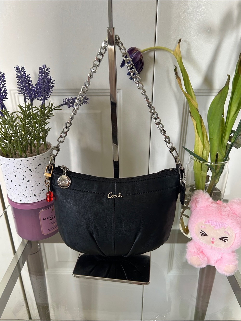 Coach Vintage Black Leather Shoulder Bag with Silver Chain Strap and Charm